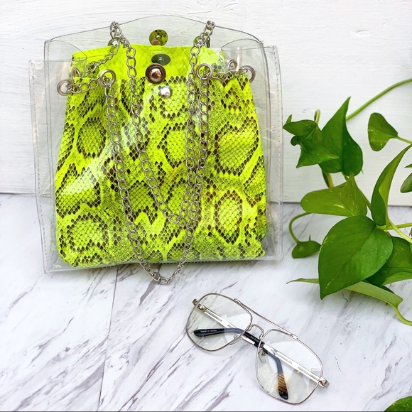 Girl’$ Culture Handbags - Transparent Neon Lime Snake Handbag